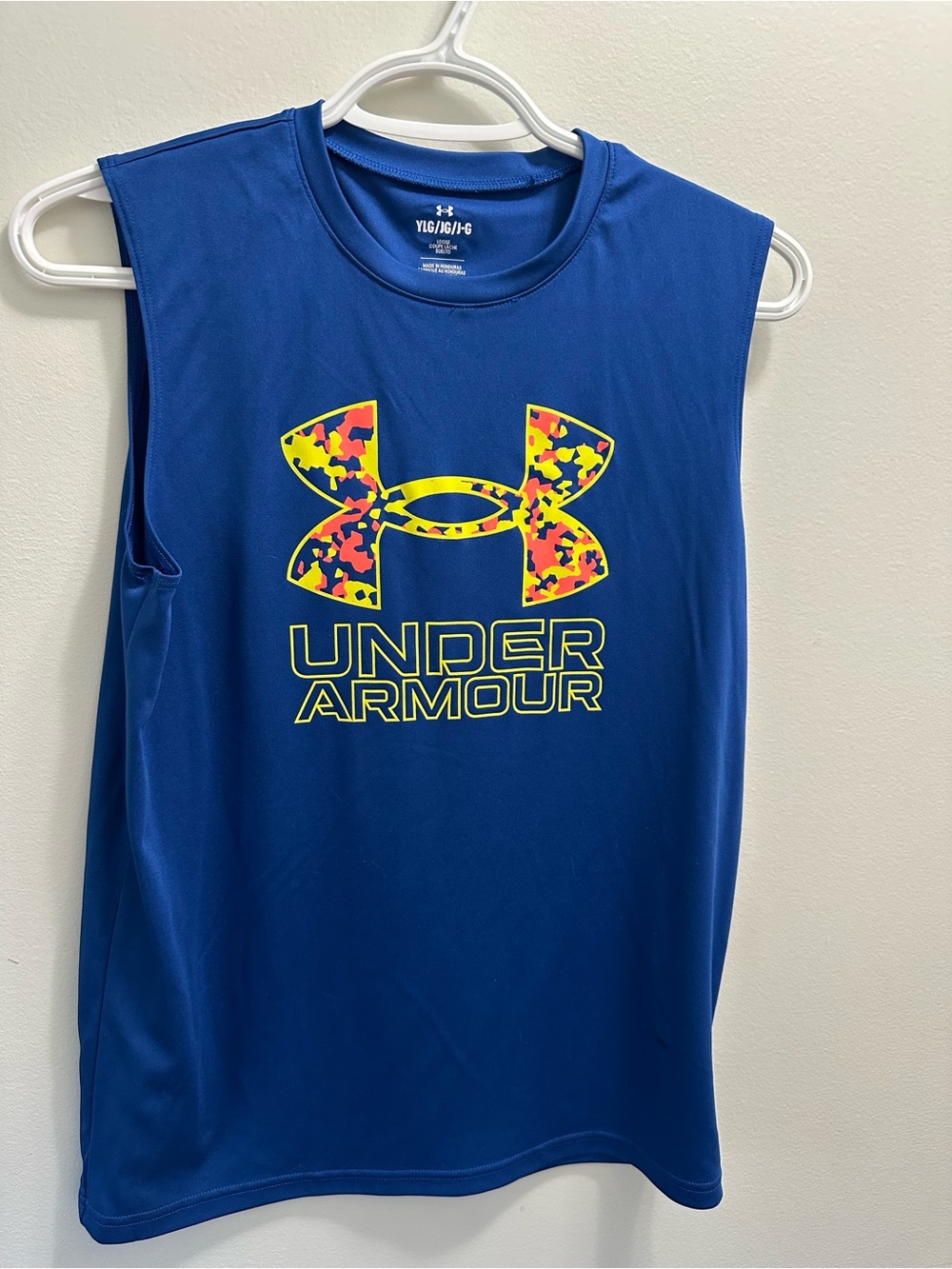 Under Armour Boys Blue Tank with Neon Camo Logo